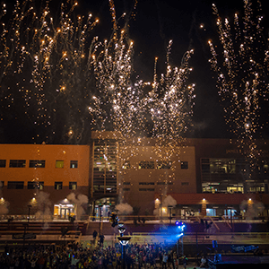 Fireworks display in front of NSC Rogers Student Center building