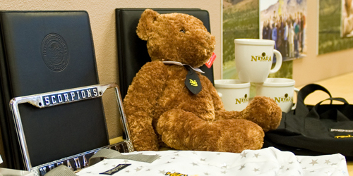 A table full of Nevada State swag items, including a teddy bear, mugs, license plate cover, a tote bag, and a padfolio.