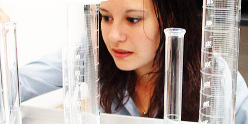 Picture of female bent down looking at test tubes