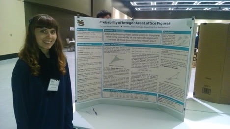 Picture of female student smiling at camera standing in front of large research poster presenting at undergraduate research conference